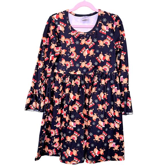 Girls Reindeer Ruffle Christmas Dress Size 8-9 - Picture 1 of 3